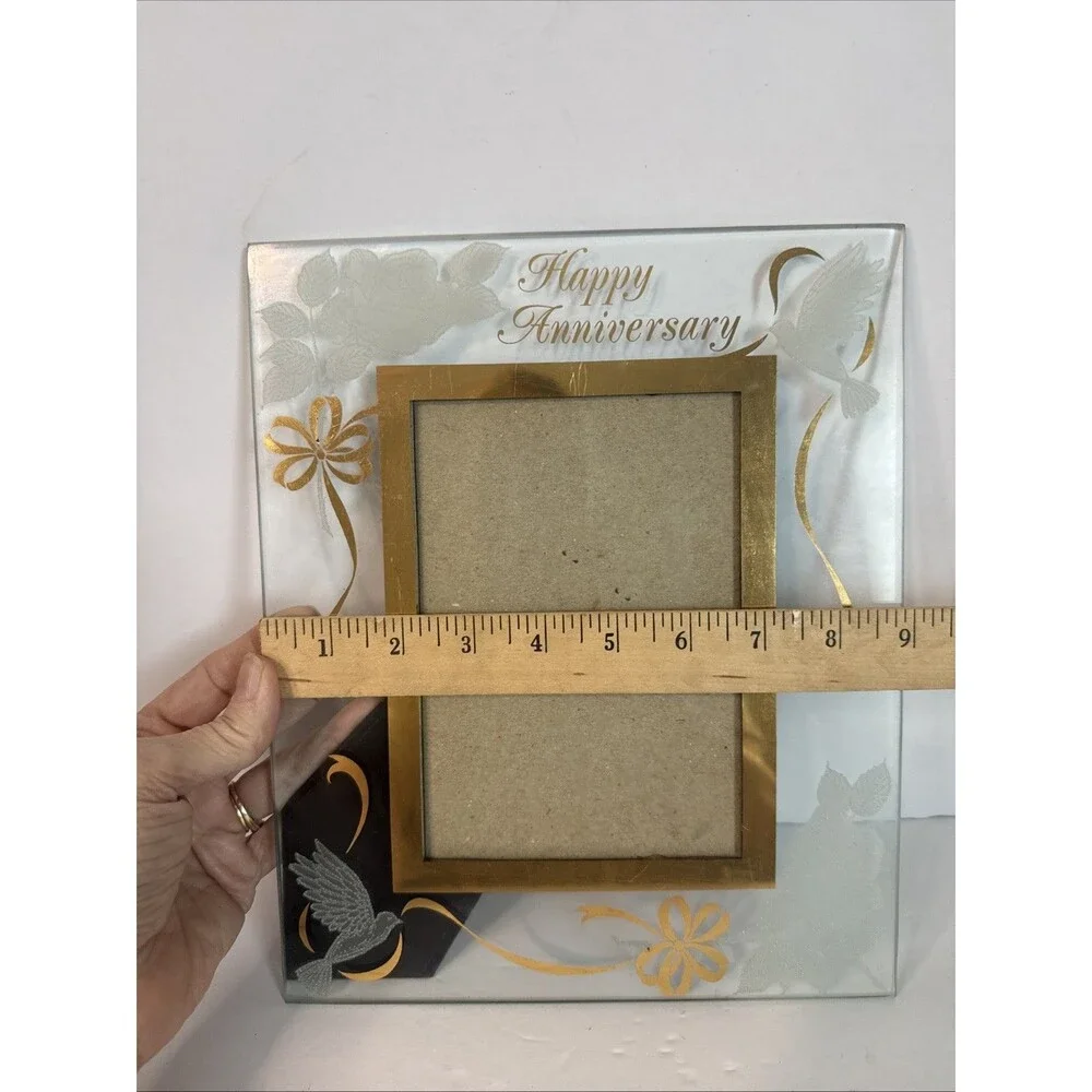 Vintage Glass Happy Anniversary Picture Frame Gold Trim Doves Roses Tabletop 5x7
